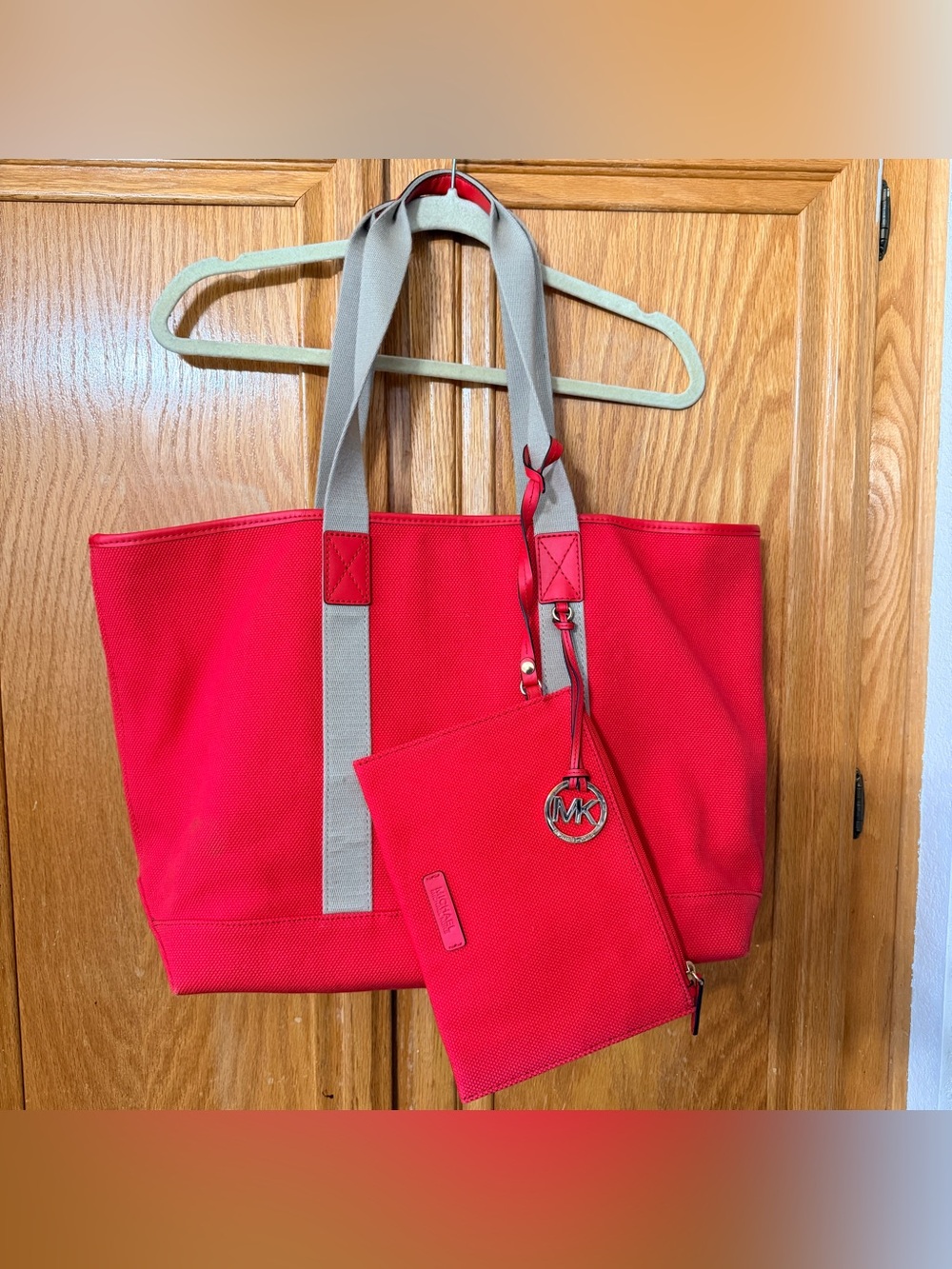 Michael Kors Bright Red Canvas Tote with Contrast Beige Straps and pouch